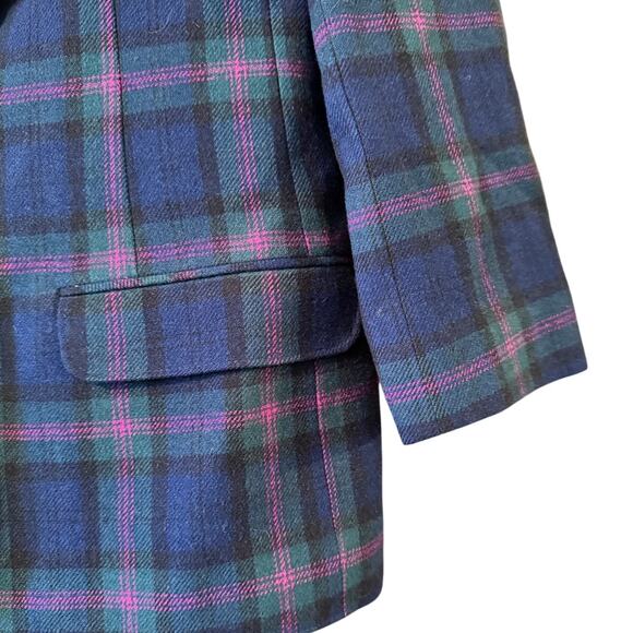 Vintage Plaid Blazer Wool Blend Blue Purple Green Career Jacket - Picture 3 of 9
